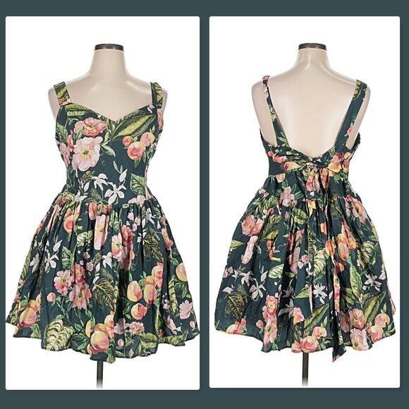 H&M Dresses & Skirts - H&M Size XL Green Floral Peach Print Tie Detail Cotton Dress NWT
